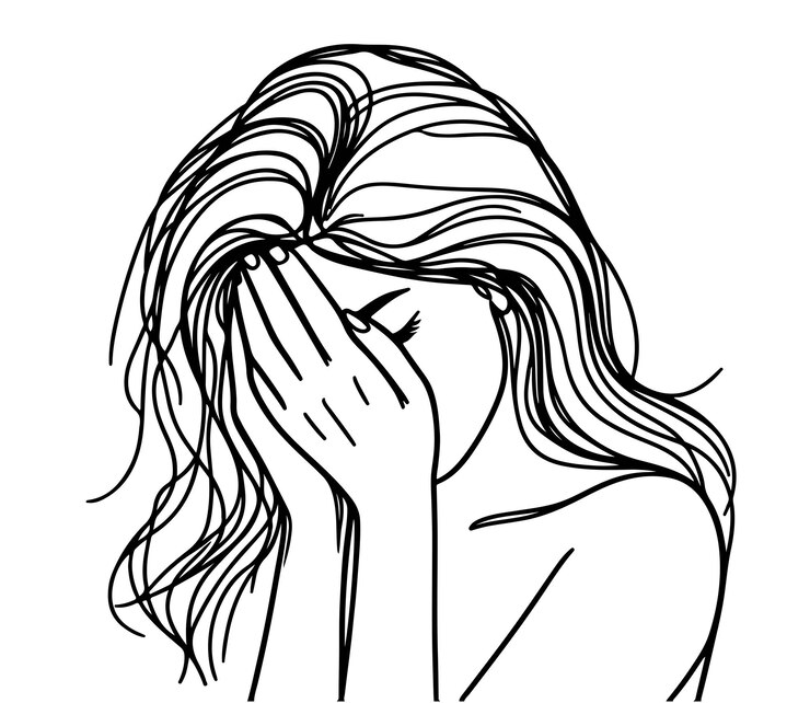 La mujer se cubre la cara con las manos y se avergüenza con el dibujo de cabello negro