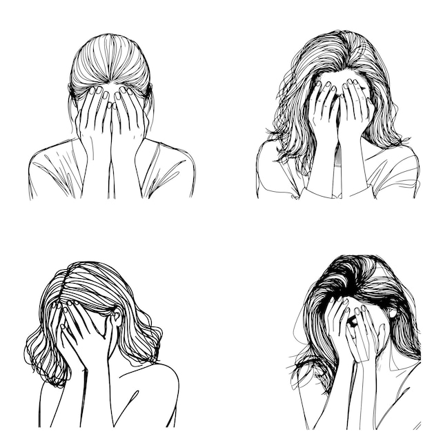 La mujer se cubre la cara con las manos y se avergüenza con el dibujo de cabello negro