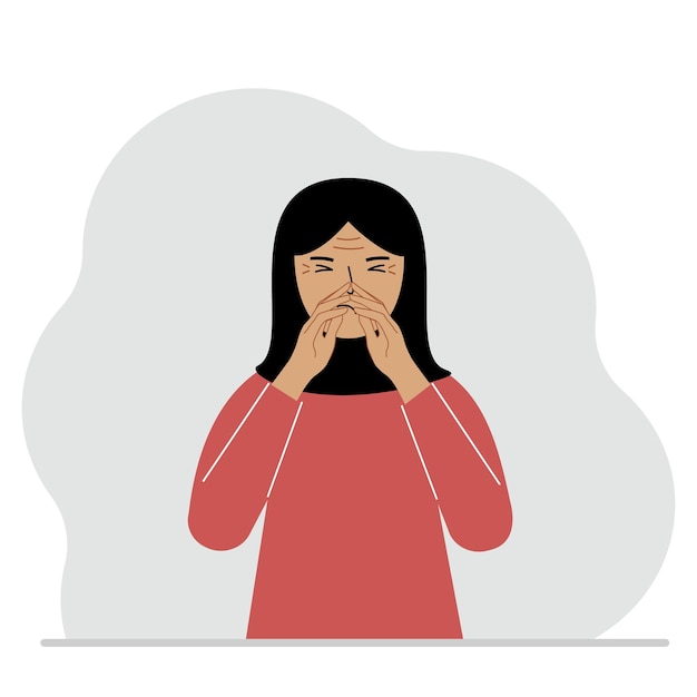 La mujer se cubre la nariz con las manos El concepto de una persona enferma estornuda alergias estacionales mal olor