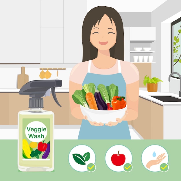 Mujer con un cuenco de verduras y un agente de limpieza de frutas y verduras