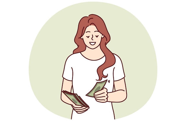 La mujer cuenta el dinero ganado en los negocios o recibido de inversiones de dividendos con buenas ganancias