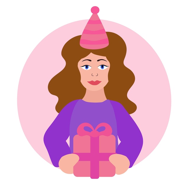 Mujer de cumpleaños con sombrero de fiesta Chica sosteniendo caja de regalo Vector ilustración plana