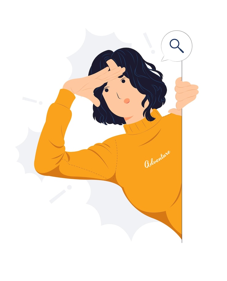 Vector mujer curiosa mirando a lo lejos con la mano sobre la cabeza, tratando de ver algo, mala visión, buscando, sosteniendo la palma en la frente y jadeando. ilustración conceptual sorprendida y asombrada