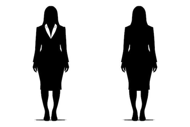 Vector mujer con curvas en una silueta de chaqueta de traje aislada sobre fondo blanco vista frontal y posterior