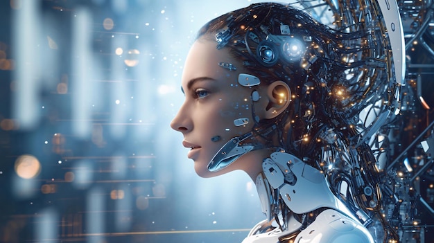 Mujer cyborg frente a un fondo futurista en 3D