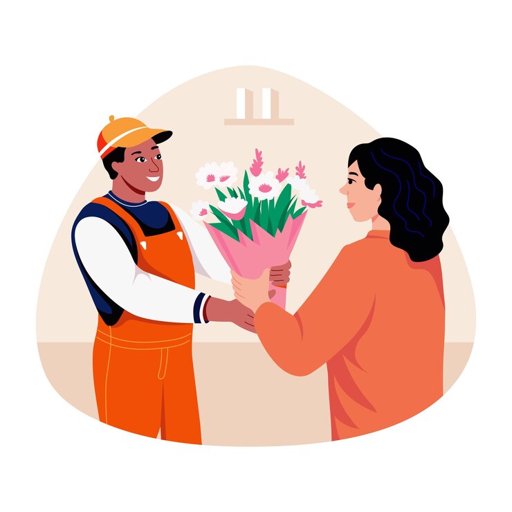 Vector una mujer le da una flor de aprecio a un trabajador ilustración de estilo plano