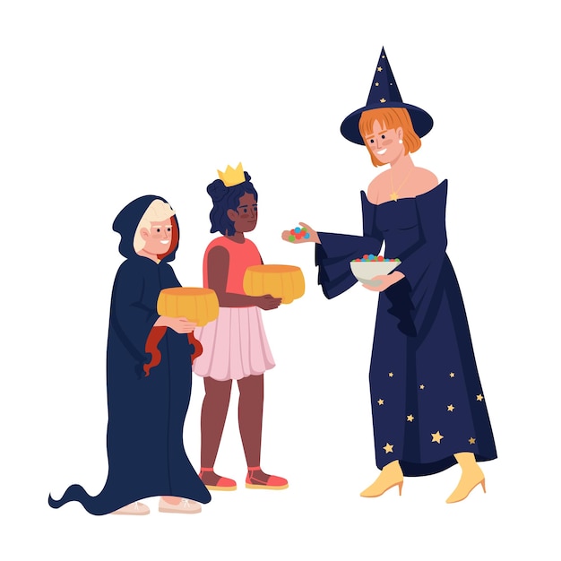 Mujer dando caramelos a los niños personajes vectoriales de color semiplano