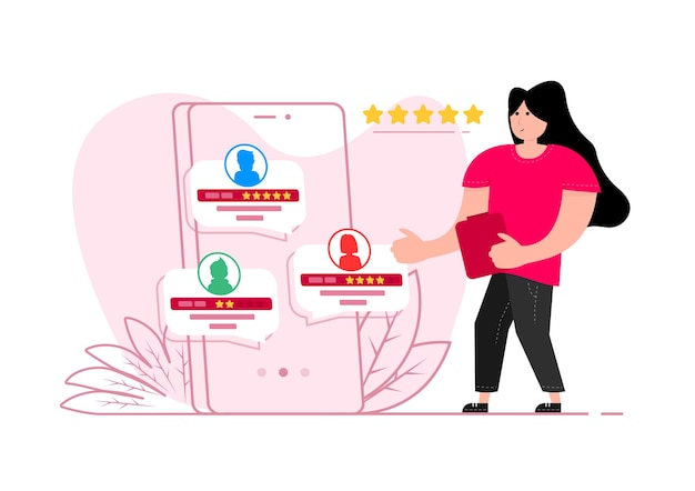 Mujer dando evaluación en la tienda de Internet Atención al cliente Comentarios de cinco estrellas