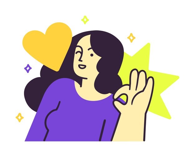 Vector mujer dando una señal de ok con una ilustración de corazón y estrella