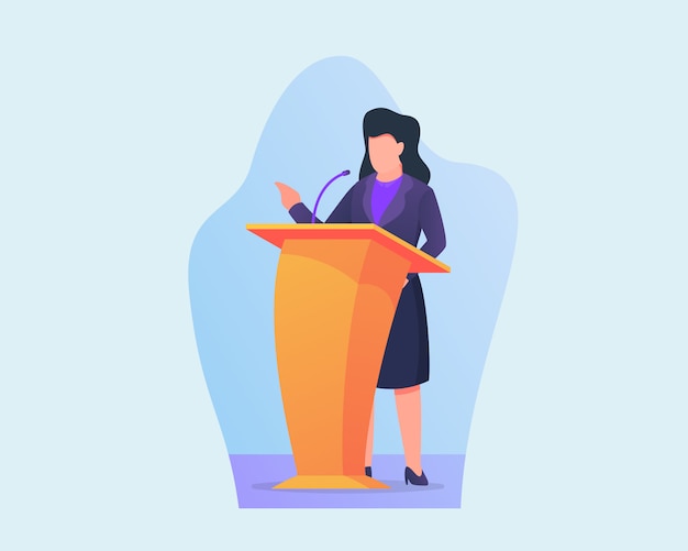 Mujer dar discurso de negocios en el podio con estilo plano moderno