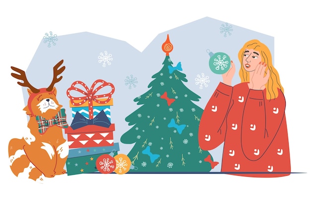 Mujer decorando el árbol de navidad y recibiendo regalos vector plano aislado