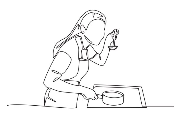 Mujer degustando comida haciendo tareas domésticas concepto dibujo en línea