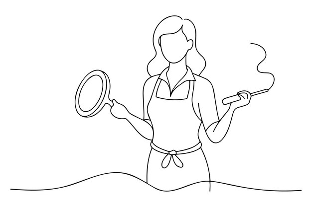 Mujer con delantal sosteniendo sartén y palillos Ilustración vectorial de arte de línea continua