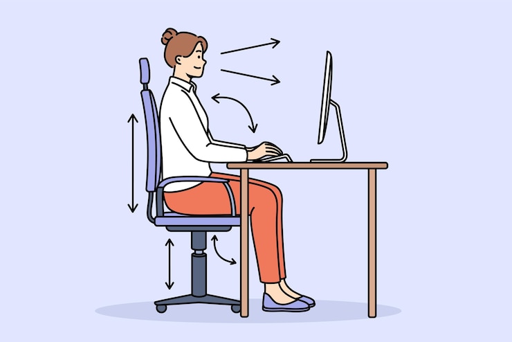 Vector mujer demuestra la postura correcta para trabajar con la computadora sentada con la espalda recta en la mesa