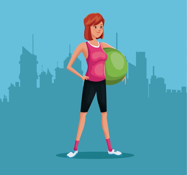 Vector mujer, deportes, entrenamiento, fitball, urbano, fondo