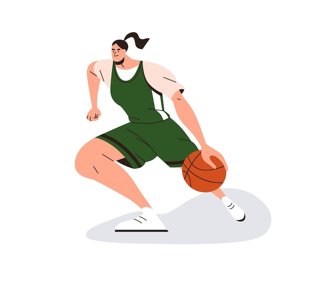 Mujer deportista jugando baloncesto. Atleta femenina pivotando con balón. Chica en juego atlético, entrenamiento. Deportista en movimiento uniforme. Ilustración de vector plano aislado sobre fondo blanco.