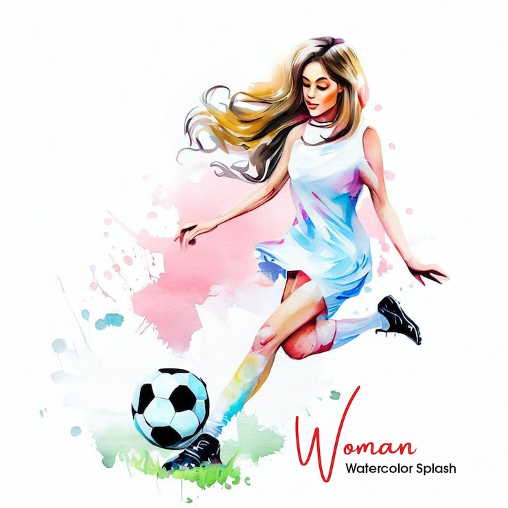 Mujer Deportista Jugando Fútbol Pintura A La Acuarela