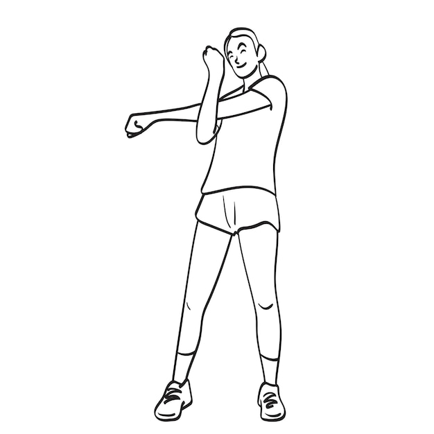 mujer deportiva con estiramiento del hombro ilustración de ejercicio vector dibujado a mano aislado