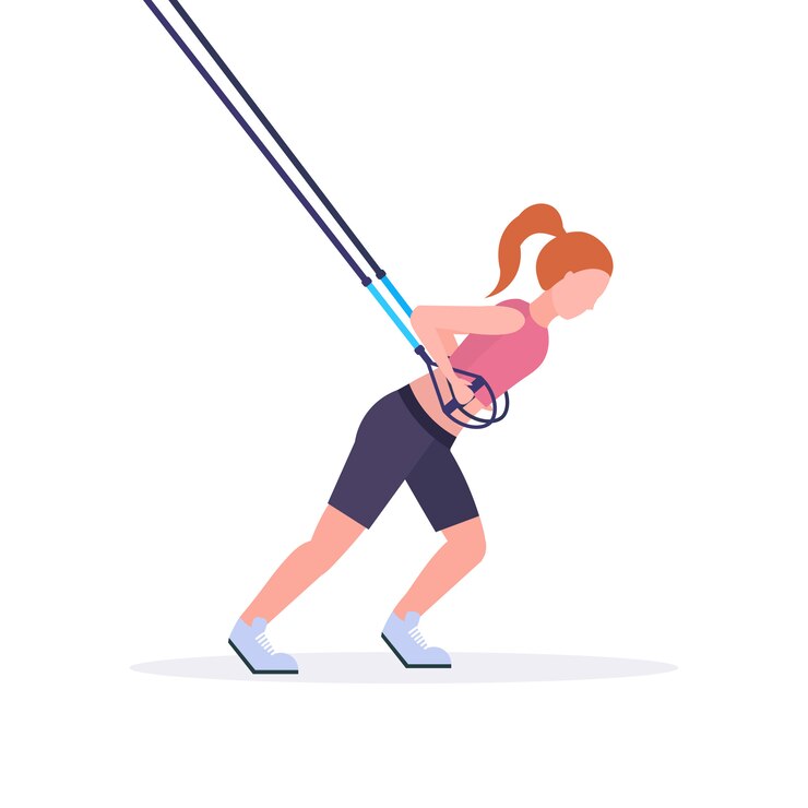 Vector mujer deportiva haciendo ejercicios con suspensión correas de fitness cuerda elástica chica entrenamiento en gimnasio crossfit cardio entrenamiento estilo de vida saludable concepto fondo blanco longitud completa