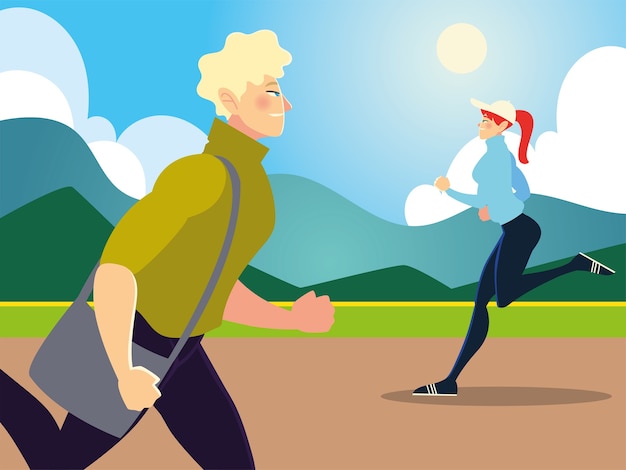 Mujer deportiva y hombre corriendo en la ilustración de la escena del parque