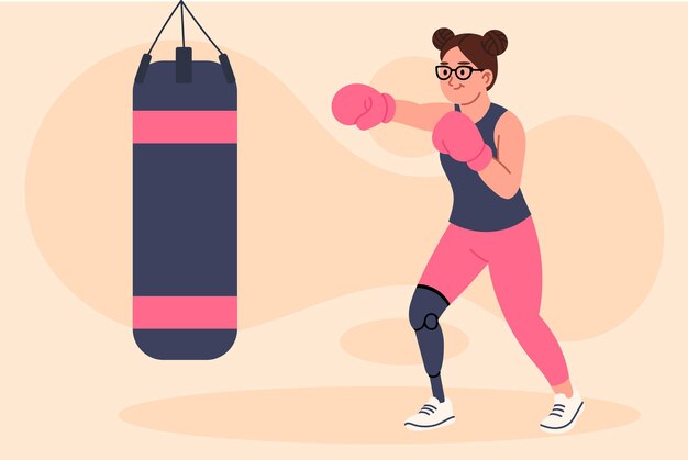 Mujer deportiva con prótesis de pierna boxeando Concepto de fuerza discapacidad empoderamiento inclusión