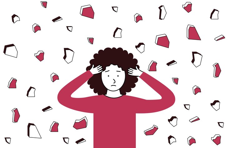 Vector mujer deprimida agarrando la cabeza trastorno mental concepto de tristeza y depresión violencia física y emocional contra las mujeres