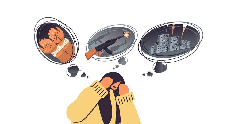 Vector mujer deprimida cansada experimentando el horror de la guerra en ucrania niña sintiéndose desesperada enfermedades de salud mental depresión