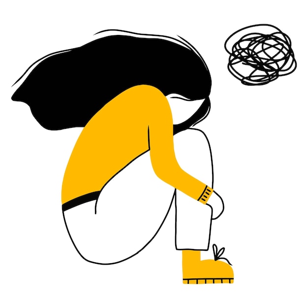 Mujer deprimida con pensamientos confusos en la cabeza una joven triste se sienta y es infeliz abrazando sus rodillas concepto de depresión ilustración vectorial en estilo garabato ilustración vectorial