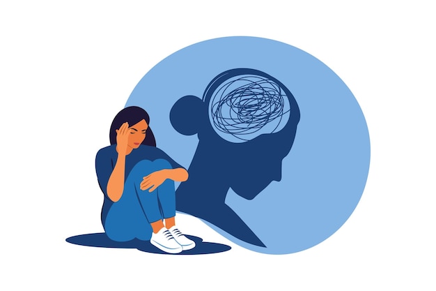 Vector mujer deprimida sentada en el suelo y abrazando las rodillas concepto de salud mental depresión trastorno bipolar trastorno de estrés postraumático obsesivo compulsivo ilustración vectorial