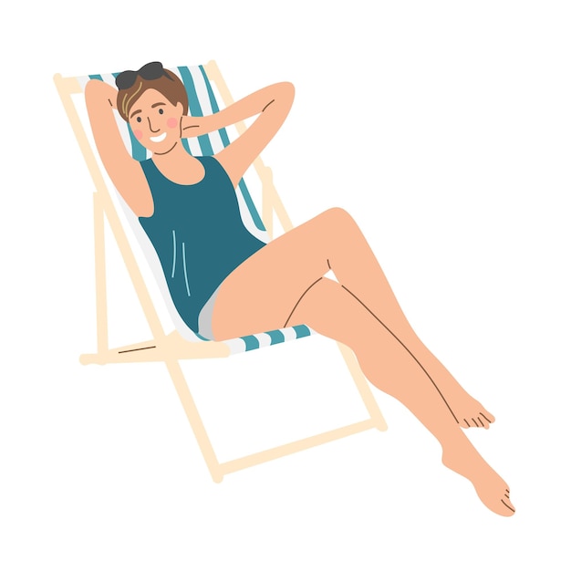 Vector una mujer descansa en una tumbona las vacaciones en la playa de un turista ilustración de vector plano