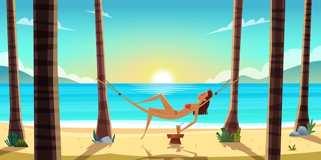 La mujer está descansando en la playa de arena bebiendo cócteles bajo el sol cocoteros