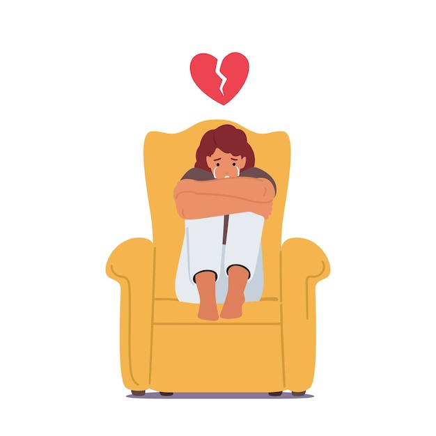 Mujer desconsolada deprimida sentada en un sillón con el corazón roto sobre la cabeza y llorando el fin de las relaciones amorosas
