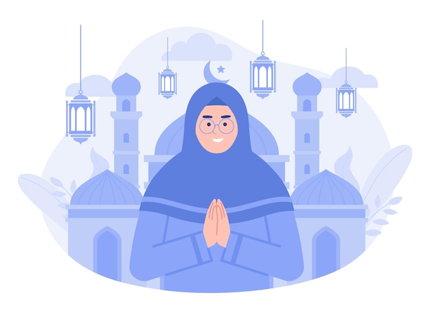 Una mujer desea feliz ramadhan Eid al fitr ilustración Ilustración plana vectorial moderna