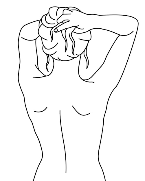 Mujer desnuda tomando una ducha en la ilustración de vector lineal