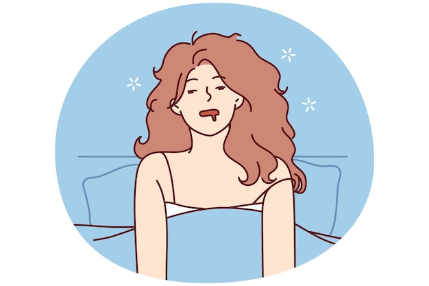 Mujer desordenada en camisón se sienta en la cama después de un despertar abrupto o sueños desagradables imagen vectorial