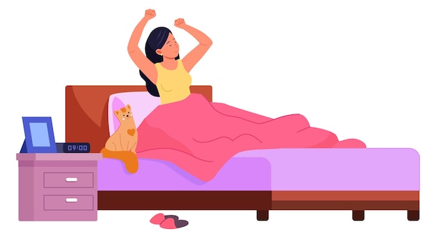 La mujer se despierta en el dormitorio el gato se sienta en la cama la casa acogedora
