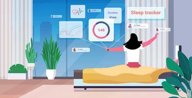 La mujer se despierta del sueño con el rastreador electrónico de la aplicación de reloj inteligente a mano control de calidad y cantidad del sueño