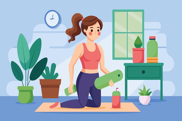 Vector mujer desplegando una alfombra de yoga para hacer ejercicio en el interior con plantas y batido