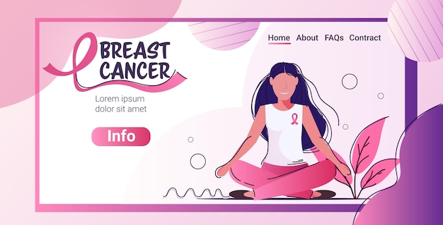 Mujer del día del cáncer de mama con cinta rosa, postura de loto sentada concepto de prevención y concienciación