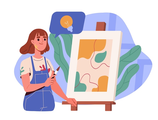 Una mujer dibuja una joven con un pincel cerca del lienzo, creatividad y artista de arte en el estudio o