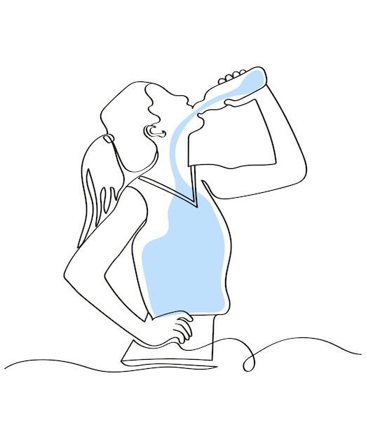 Mujer dibujada a mano en un estilo de línea en ropa deportiva bebe agua Cumplimiento del régimen de bebida Balance de agua como una línea continua Ilustración vectorial