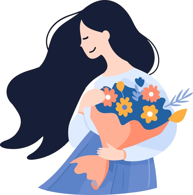 Mujer dibujada a mano con flores en el concepto del Día de la Mujer en estilo plano aislado en el fondo