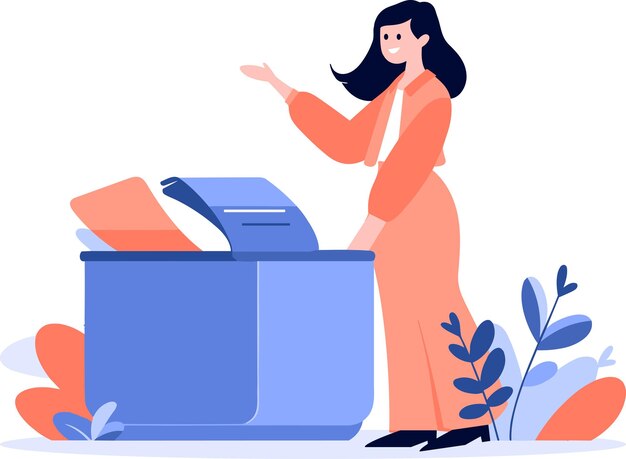 Vector mujer dibujada a mano con papelera de reciclaje en estilo plano aislado en el fondo