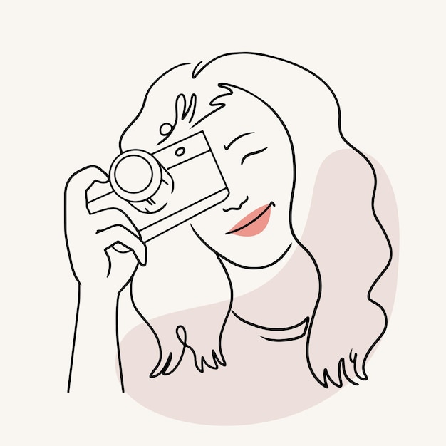 Mujer dibujada a mano tomando una foto en estilo de arte lineal Esquema de boceto aislado ilustración minimalista