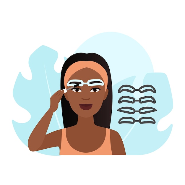 Mujer dibujando cejas con plantillas de cejas de diferentes formas de rutina de maquillaje