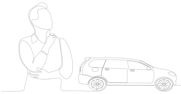 mujer de dibujo de línea continua pensando en comprar un automóvil