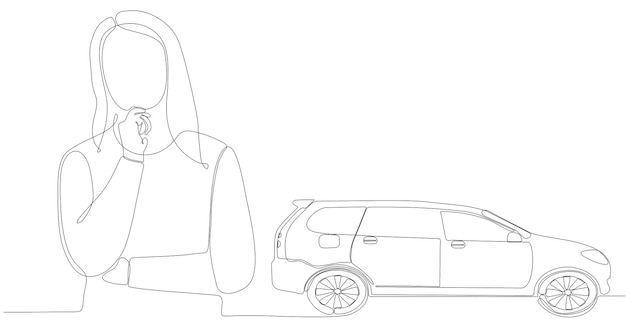 mujer de dibujo de línea continua pensando en comprar un automóvil