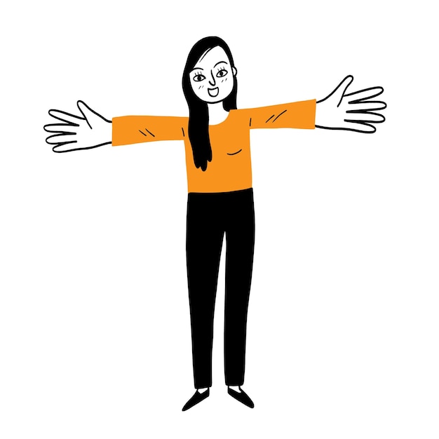 Una mujer de dibujos animados con el cabello largo y oscuro con una camisa de manga larga naranja y pantalones negros