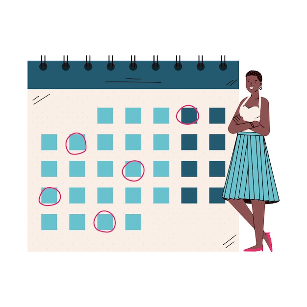 Mujer de dibujos animados por calendario gigante con calendario mensual