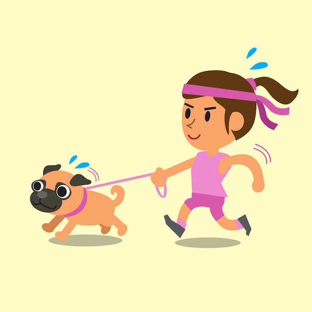 Mujer de dibujos animados corriendo con su perro pug